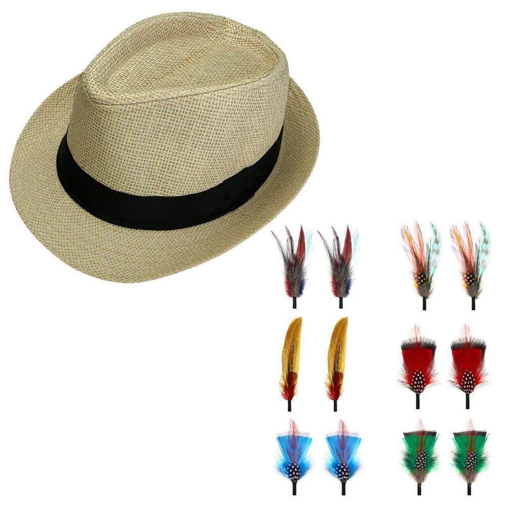 4787 Unisex Summer Panama Straw Fedora Hat Bundle with 12 Pcs Hat Feathers